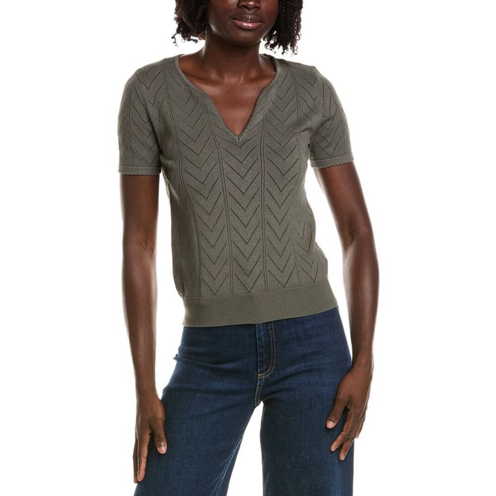 T Tahari Womens  Split Neck Collar Pointelle Sweater, Green